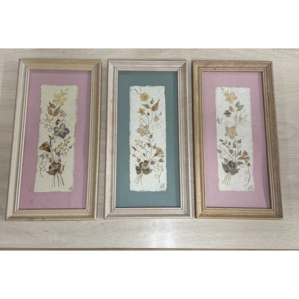Vintage 'Wildflower' Pressed‎ Floral Botanical Panels Pink and Blue Background